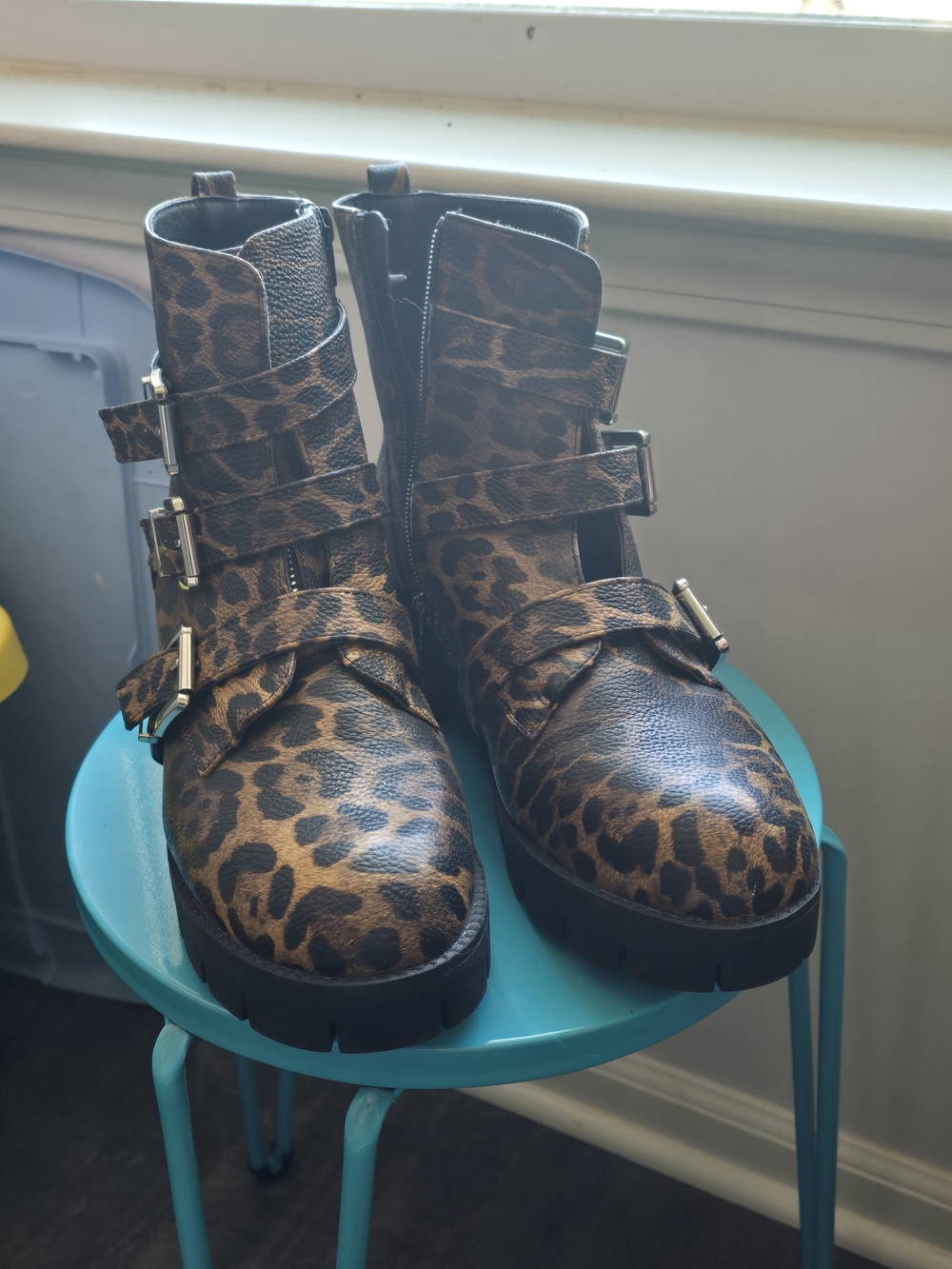 Leopard Print Buckle Ankle Boots - Brown - Picture 2 of 4